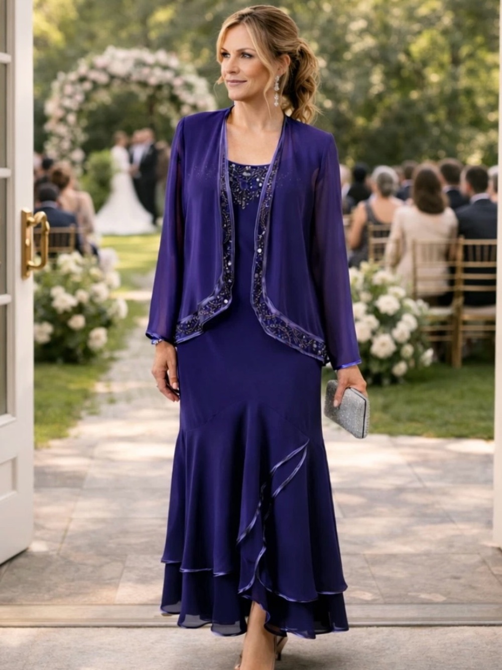 J.R. Nites Beaded Purple Formal Dress Set 10 Chiffon Jacket Mother Bride Gown